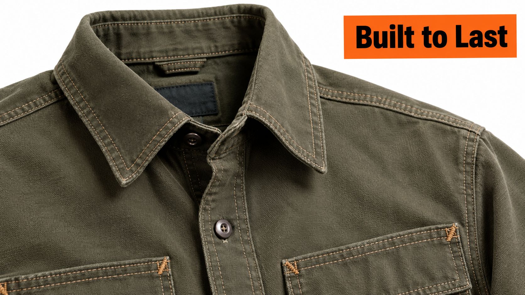 Close-up of a durable olive green cotton drill shirt featuring heavy-duty stitching and visible button details.