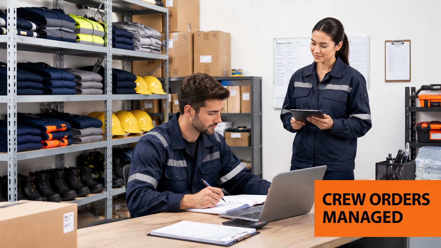 A man and woman in work uniforms managing supply inventory with a laptop and documents in a warehouse.