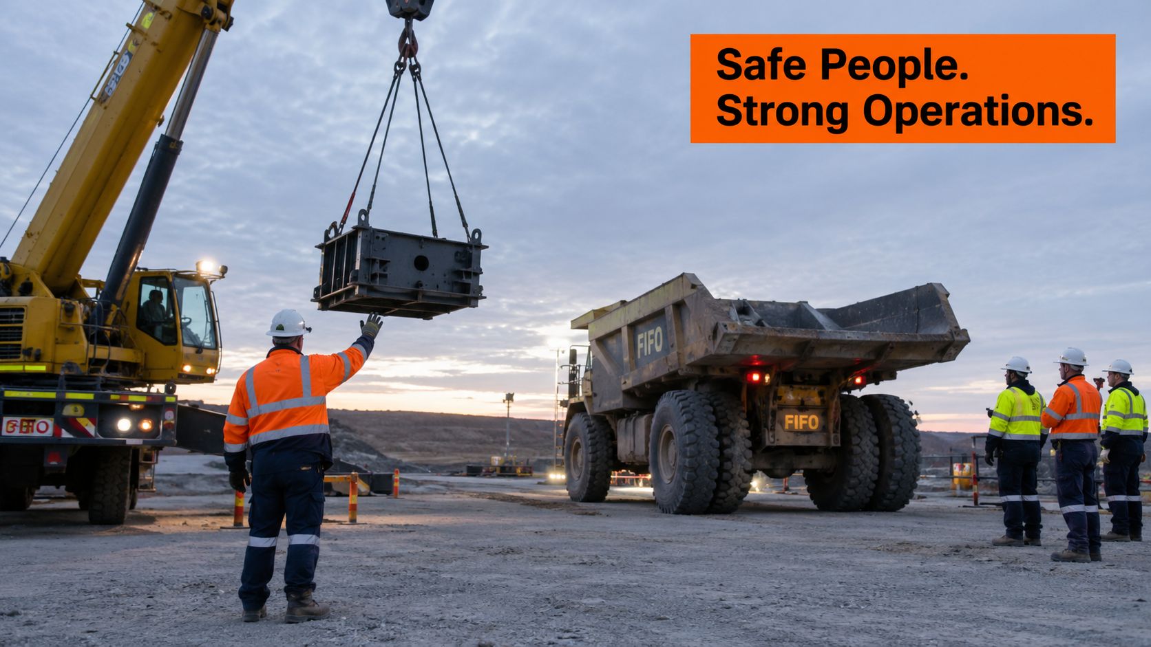 A construction worker guides a crane operator lifting a heavy piece of machinery near a large mining truck.