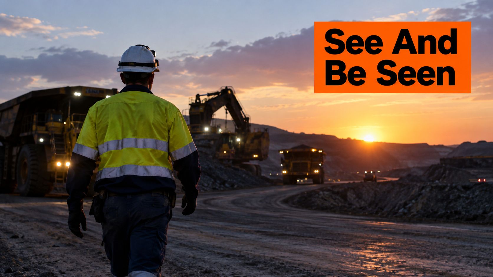 A construction worker in a high visibility jacket walking on a mine site at sunset.