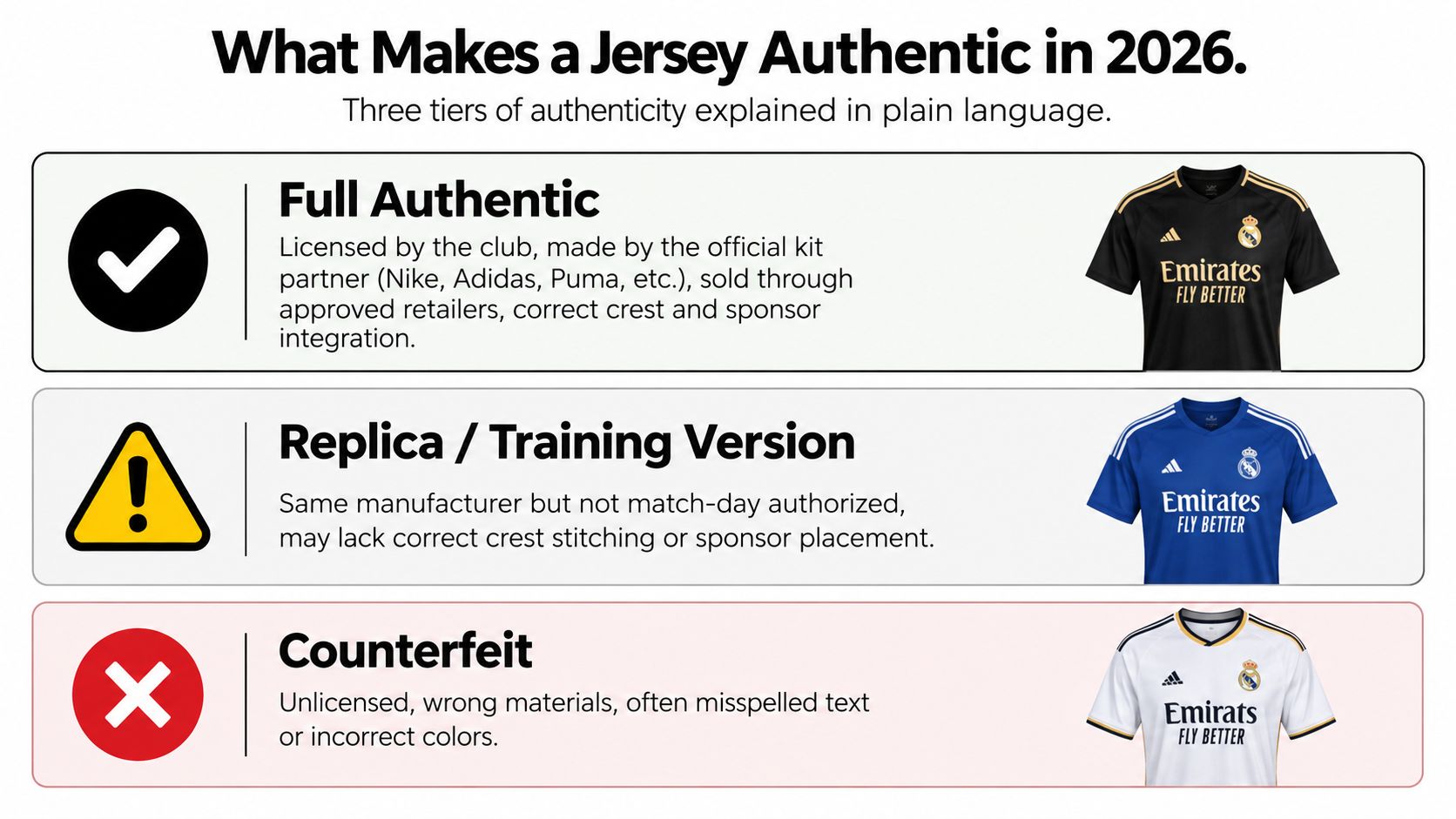 A chart explaining the three tiers of football jersey authenticity: Full Authentic, Replica or Training, and Counterfeit.