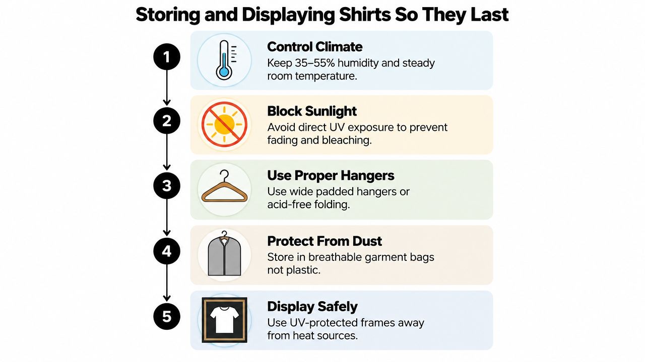 A step-by-step infographic titled Storing and Displaying Shirts So They Last, detailing five tips for garment preservation.