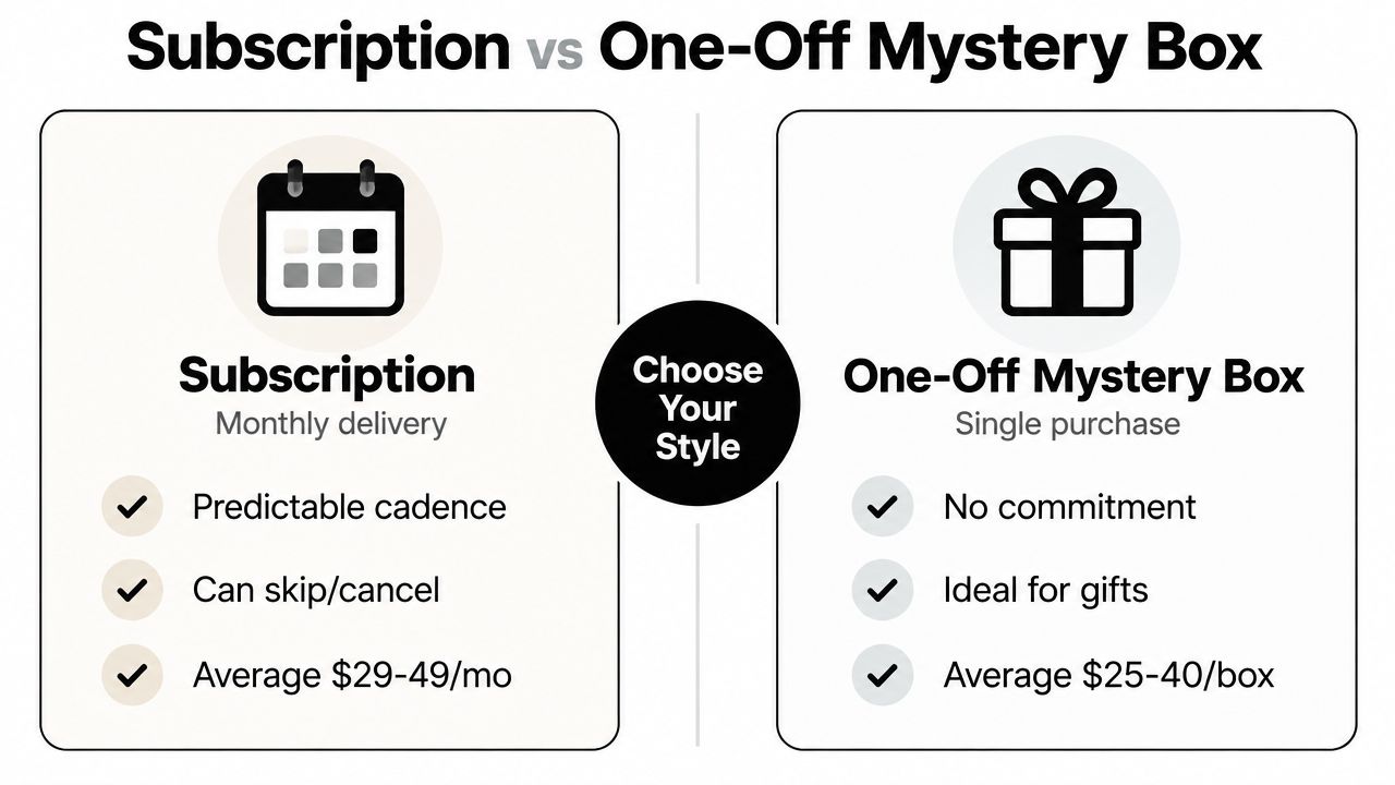 A comparison chart highlighting the differences between monthly mystery box subscriptions and single one-off mystery box purchases.