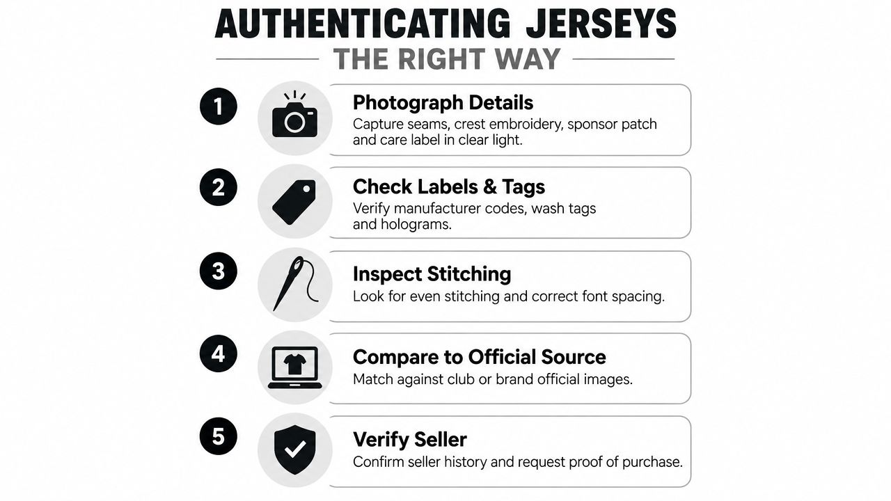 A numbered infographic detailing five essential steps to authenticate a professional sports jersey for collectors.