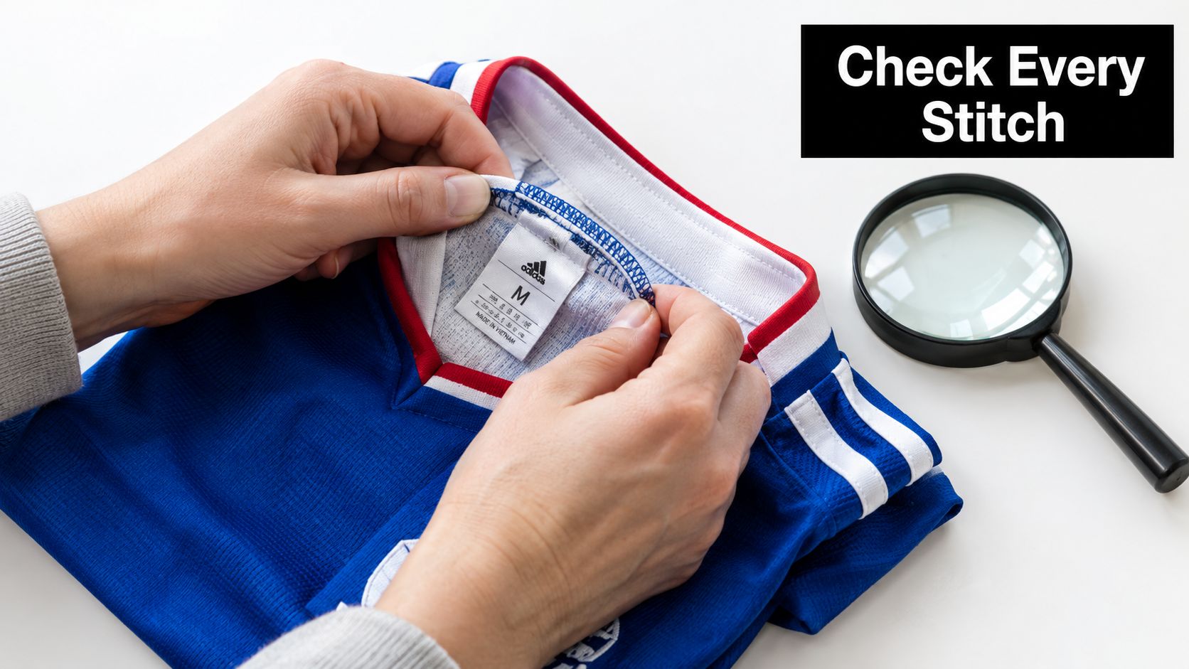 A person inspects the quality of a blue sports jersey tag with a magnifying glass.