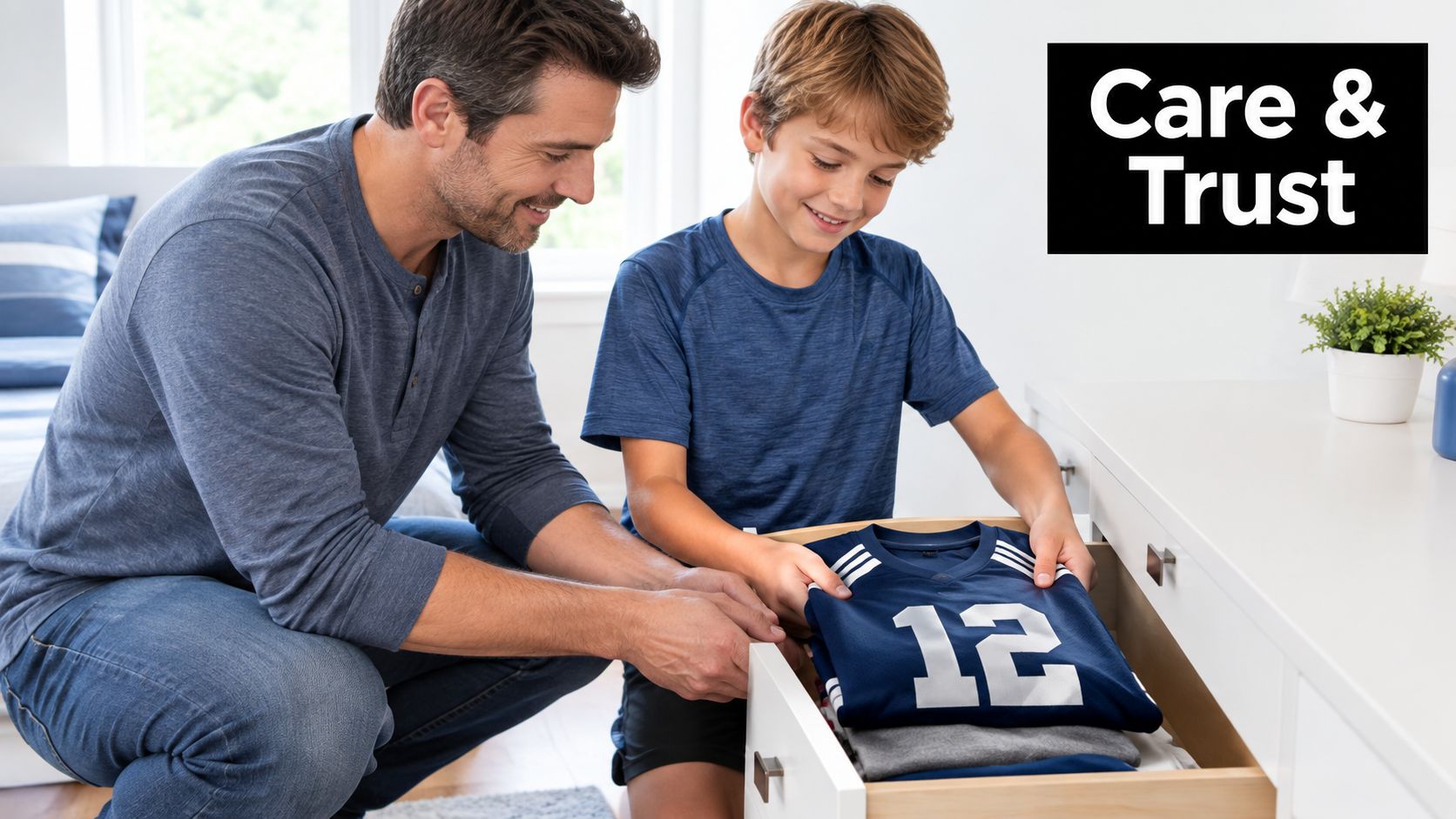 A father and son smiling while organizing a navy blue youth football jersey in a dresser drawer.