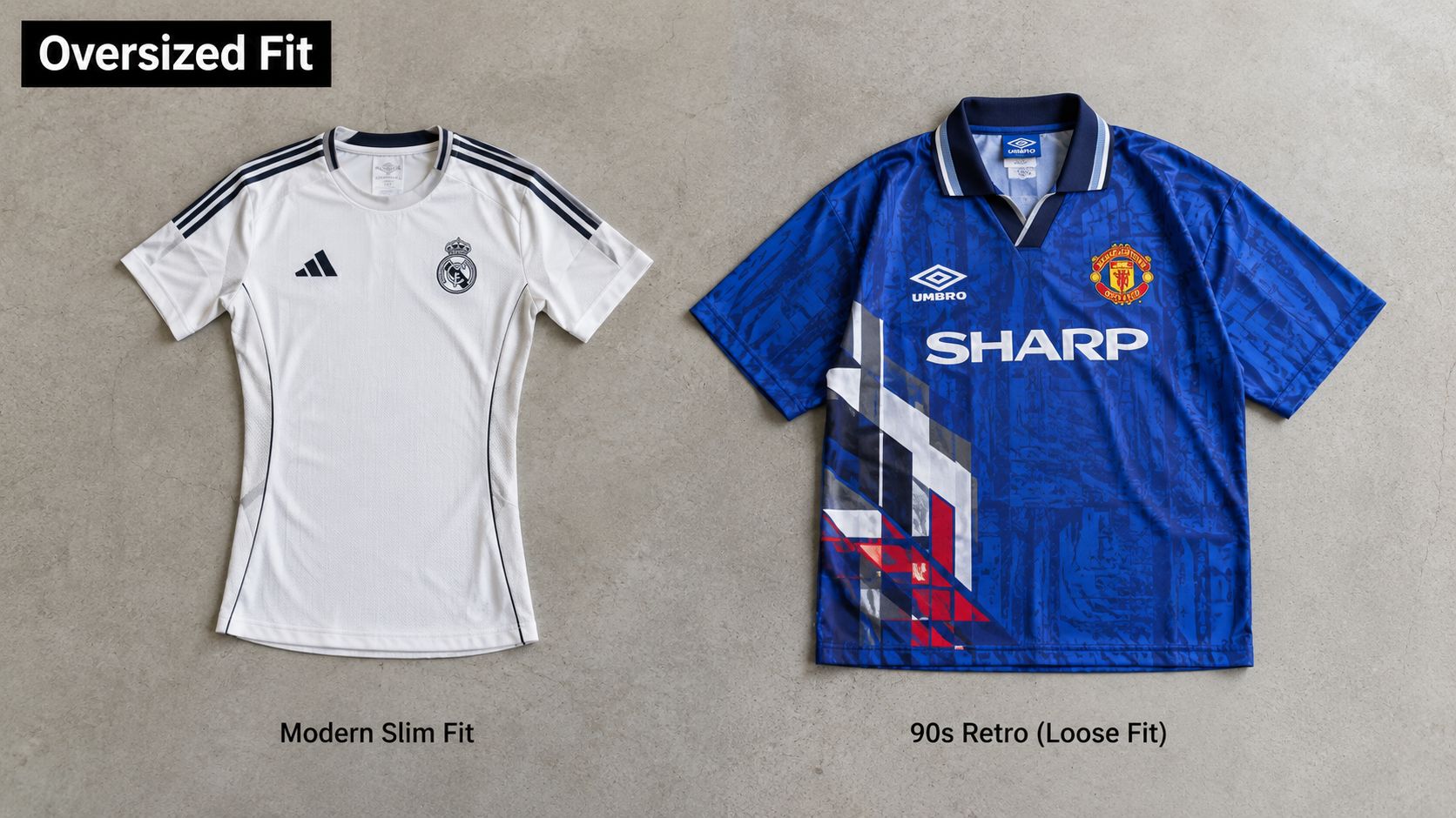A comparison between a modern slim-fit white soccer jersey and a vintage blue 90s Manchester United football shirt.