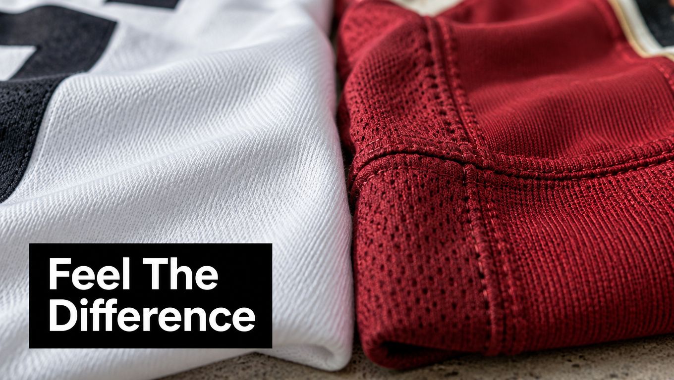 A close-up view comparing the distinct fabric textures of a white jersey and a red jersey.