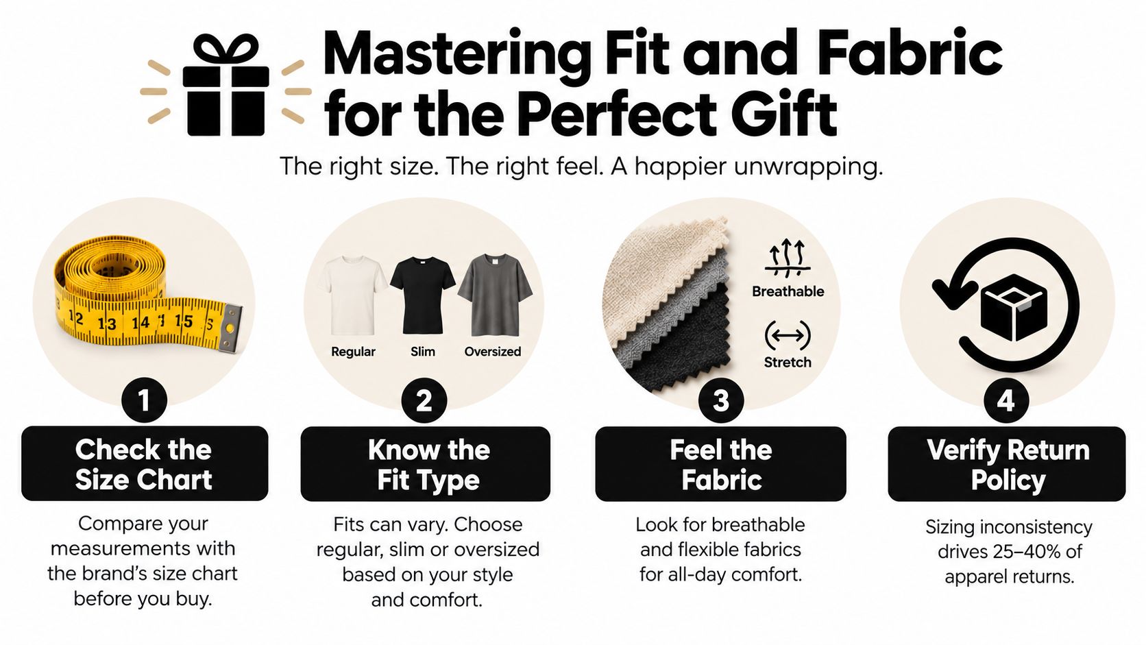 An infographic titled Mastering Fit and Fabric for the Perfect Gift with four steps for shopping.