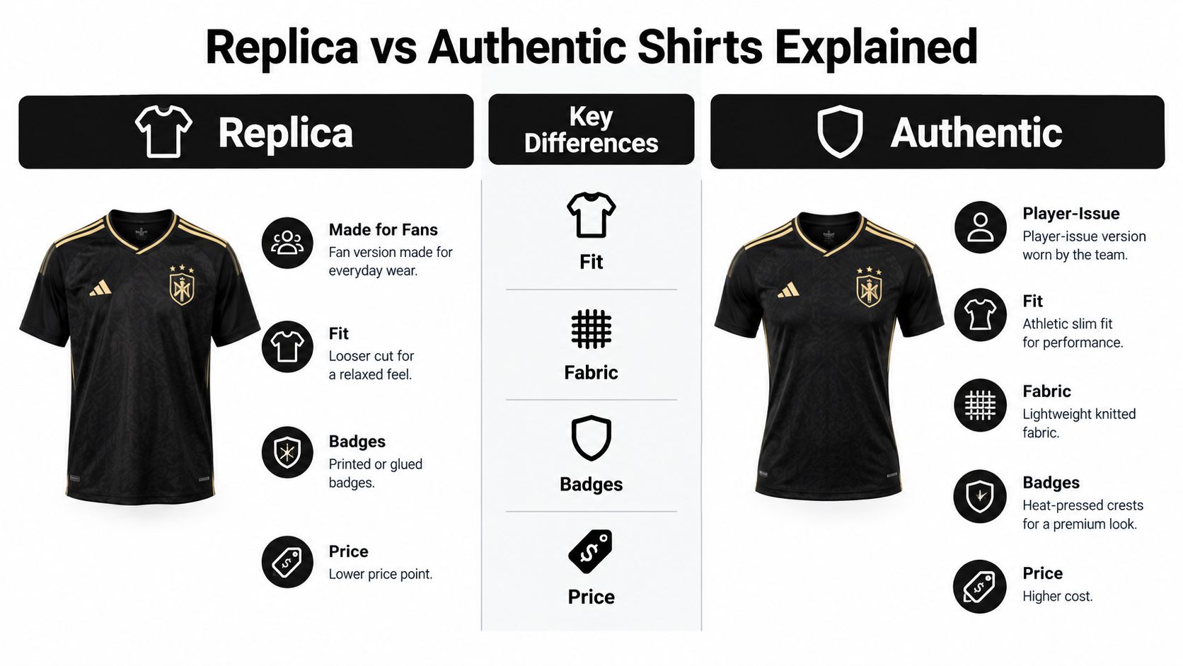 A comparison chart showing the key differences between fan replica and authentic professional football shirts.