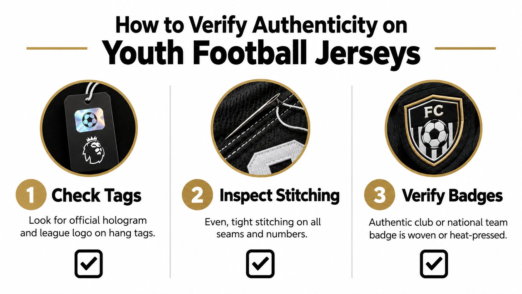 An infographic showing three steps to verify the authenticity of youth football jerseys: checking tags, inspecting stitching, and verifying badges.