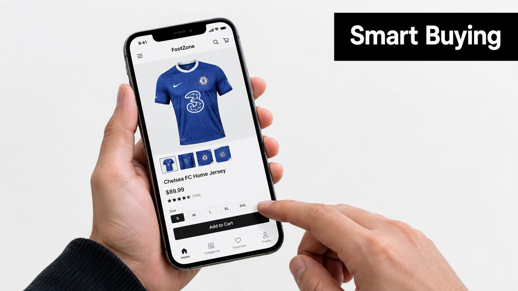 A person using a smartphone app to shop for a Chelsea FC home soccer jersey online.
