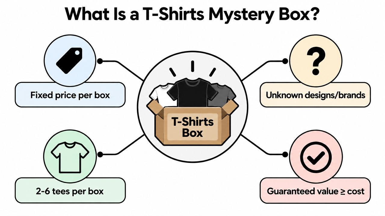 An infographic explaining the contents and features of a mystery box containing various t-shirts.