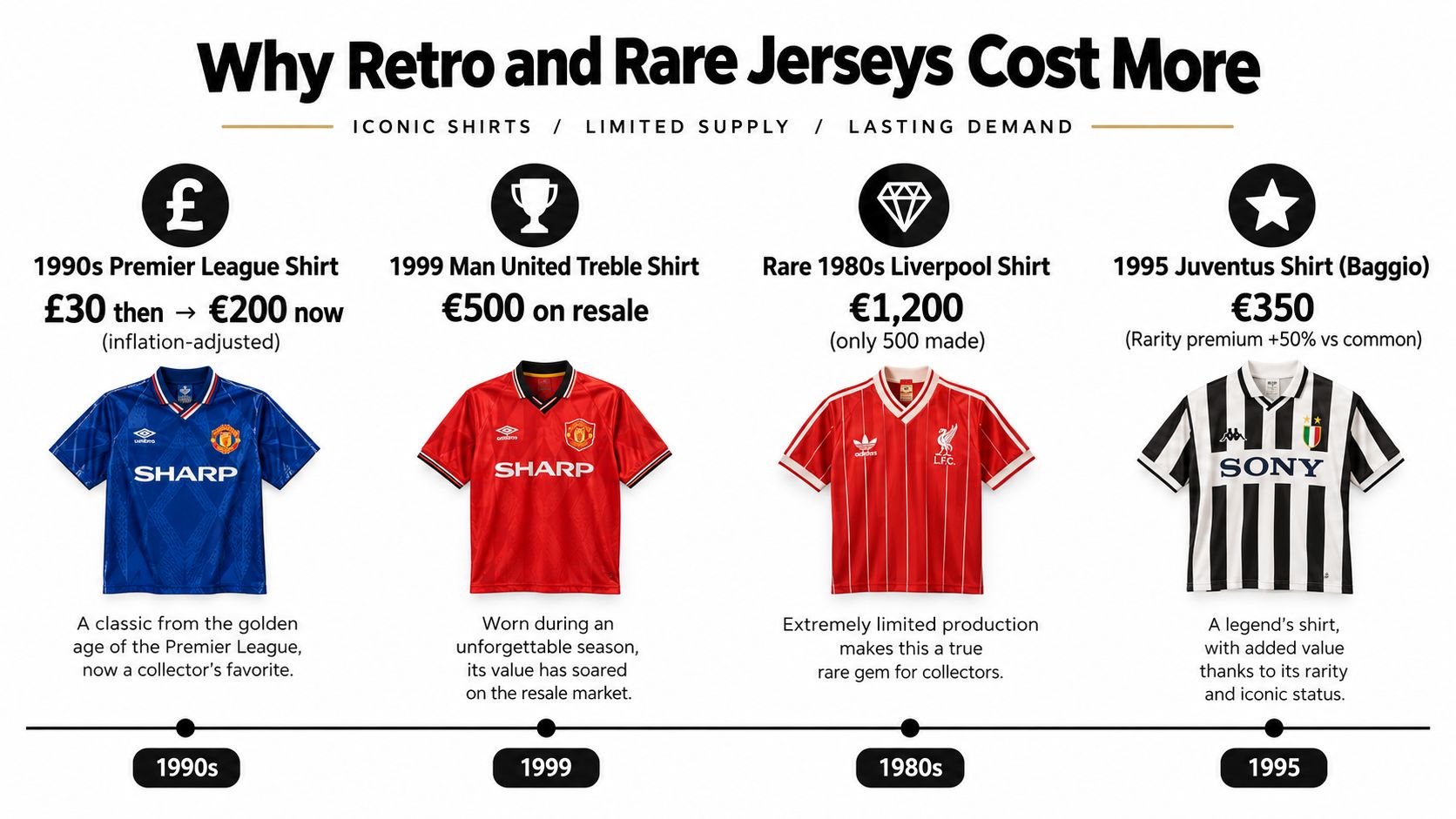 An infographic explaining the market factors behind the high value of retro and rare soccer jerseys.