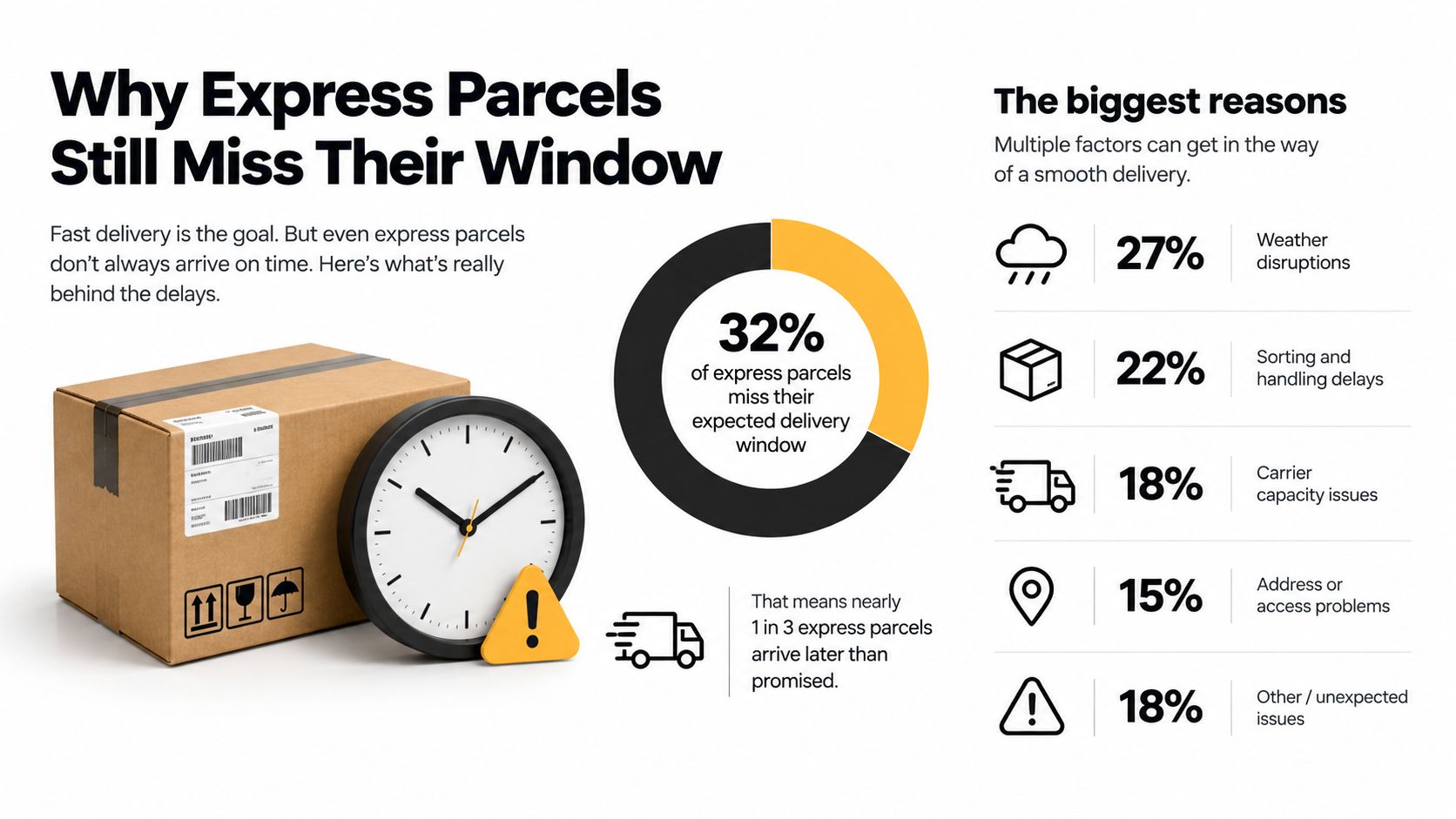 An infographic showing that 32 percent of express parcels fail to arrive within their expected delivery window.
