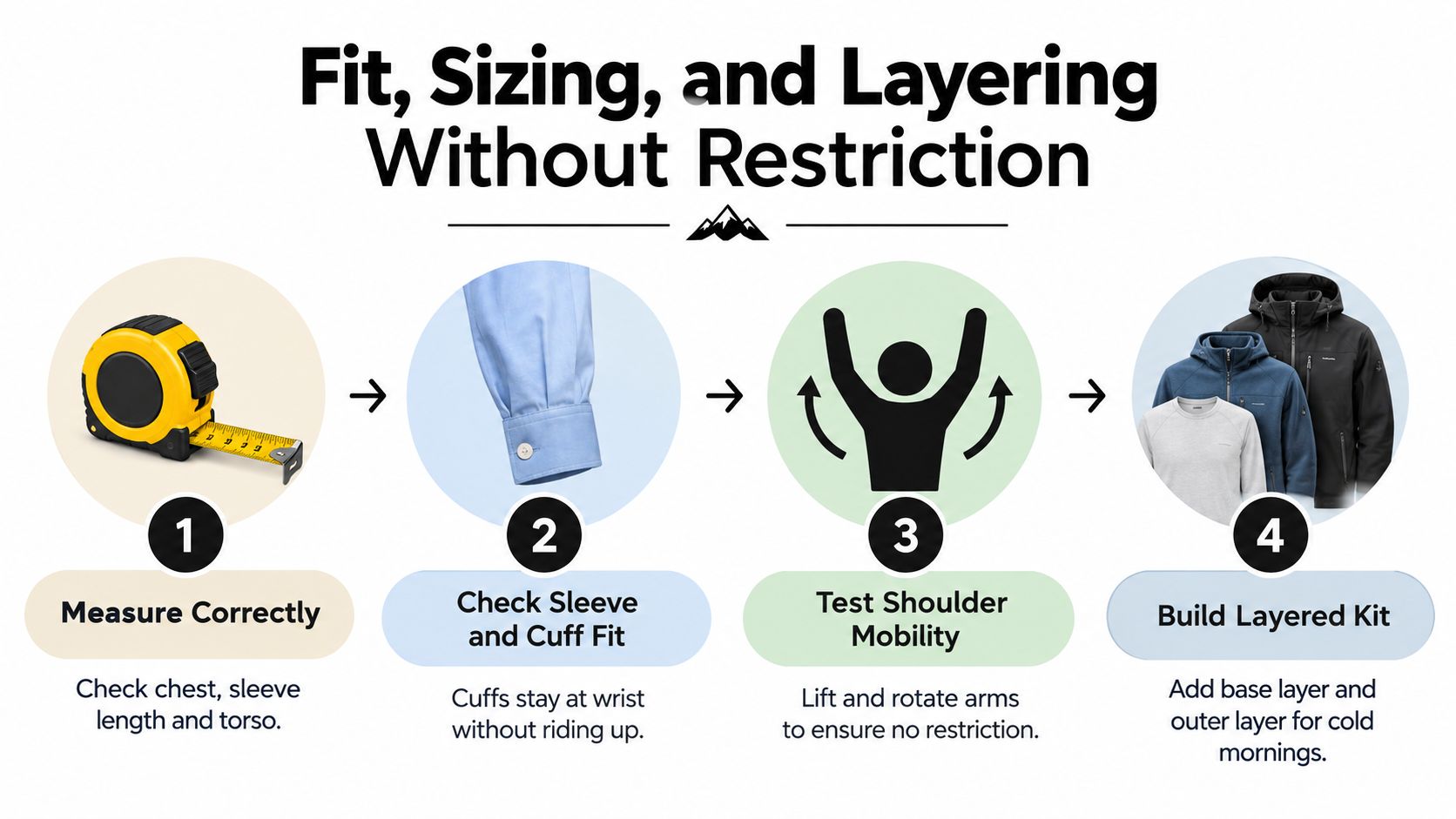 An infographic showing four steps for checking the fit of long sleeve shirts for soccer and sports.