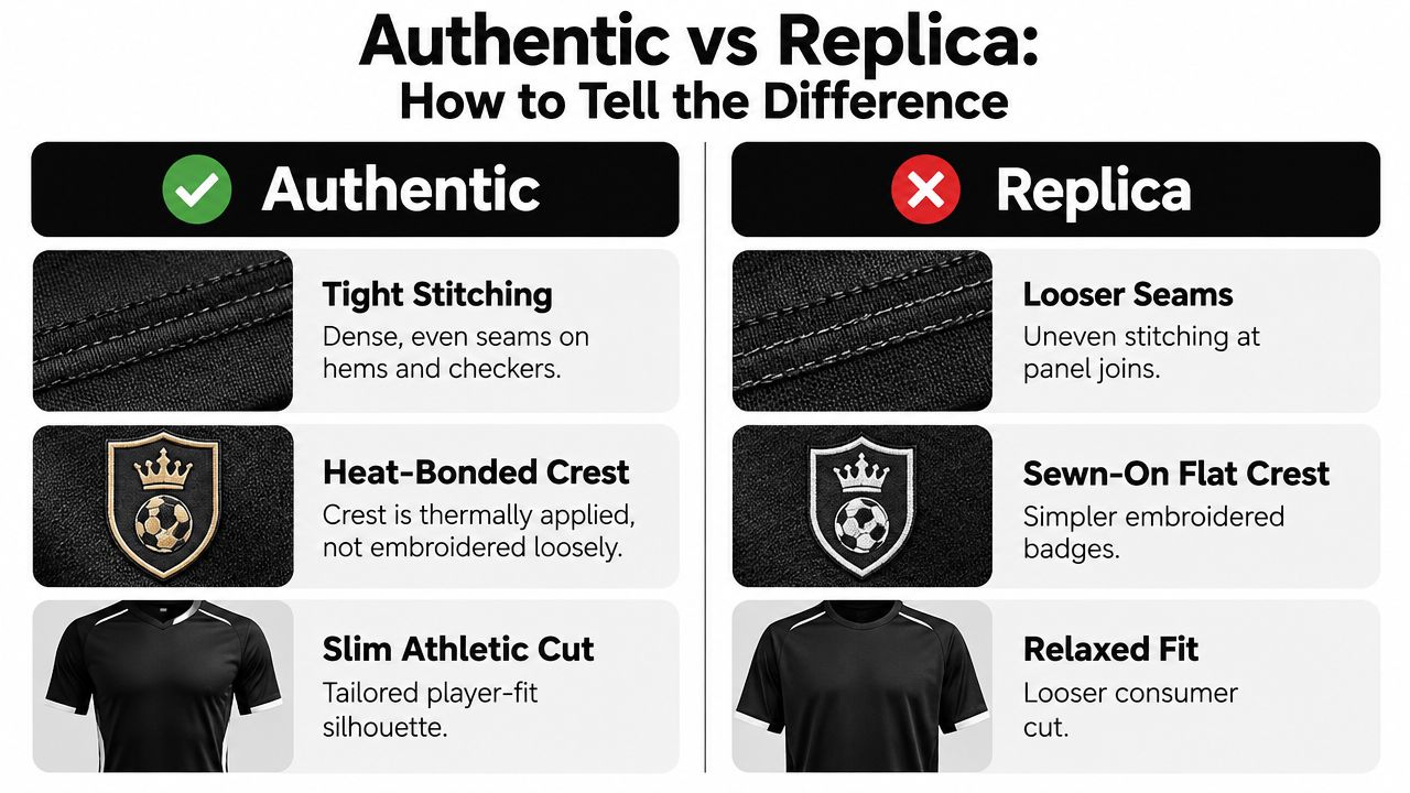 A comparison guide highlighting differences between authentic and replica soccer jerseys in stitching, crests, and fit.