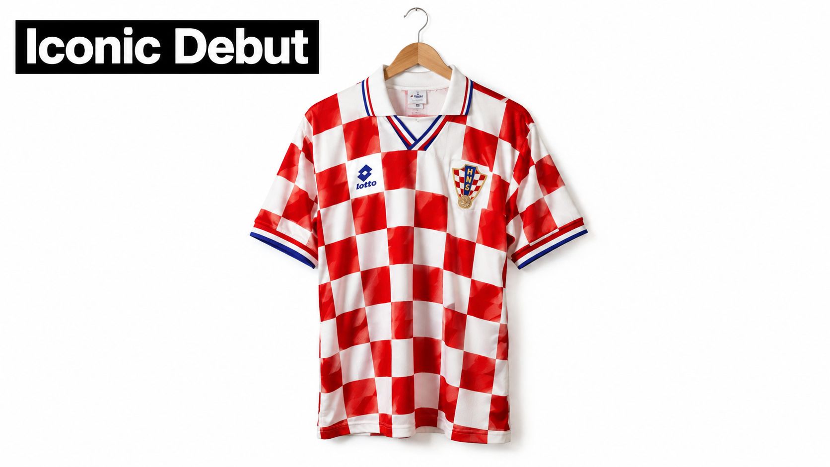 A vintage Croatian national soccer team jersey featuring the iconic red and white checkered pattern on a hanger.