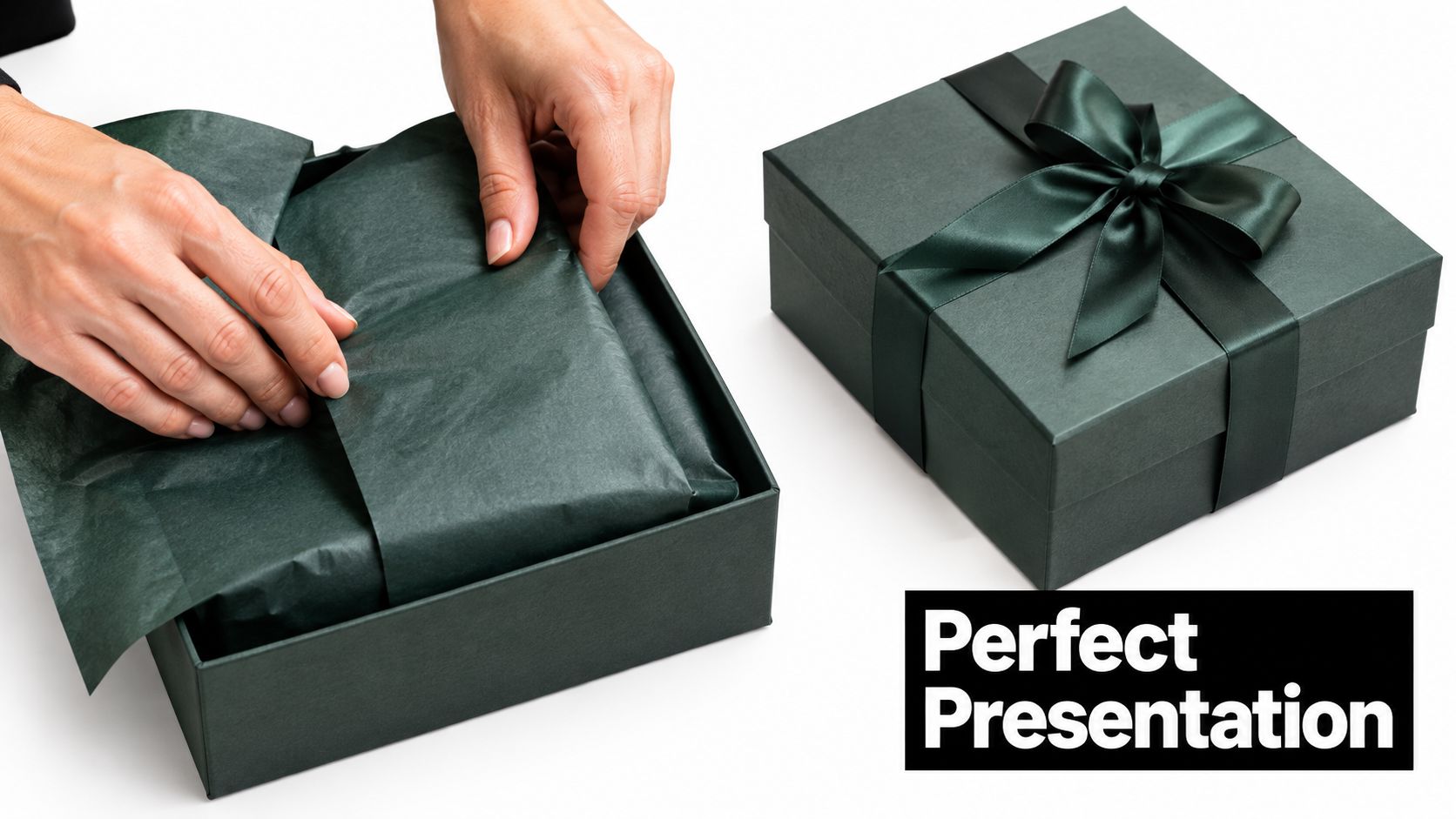 A person carefully wrapping a gift in dark green tissue paper beside a finished gift box.