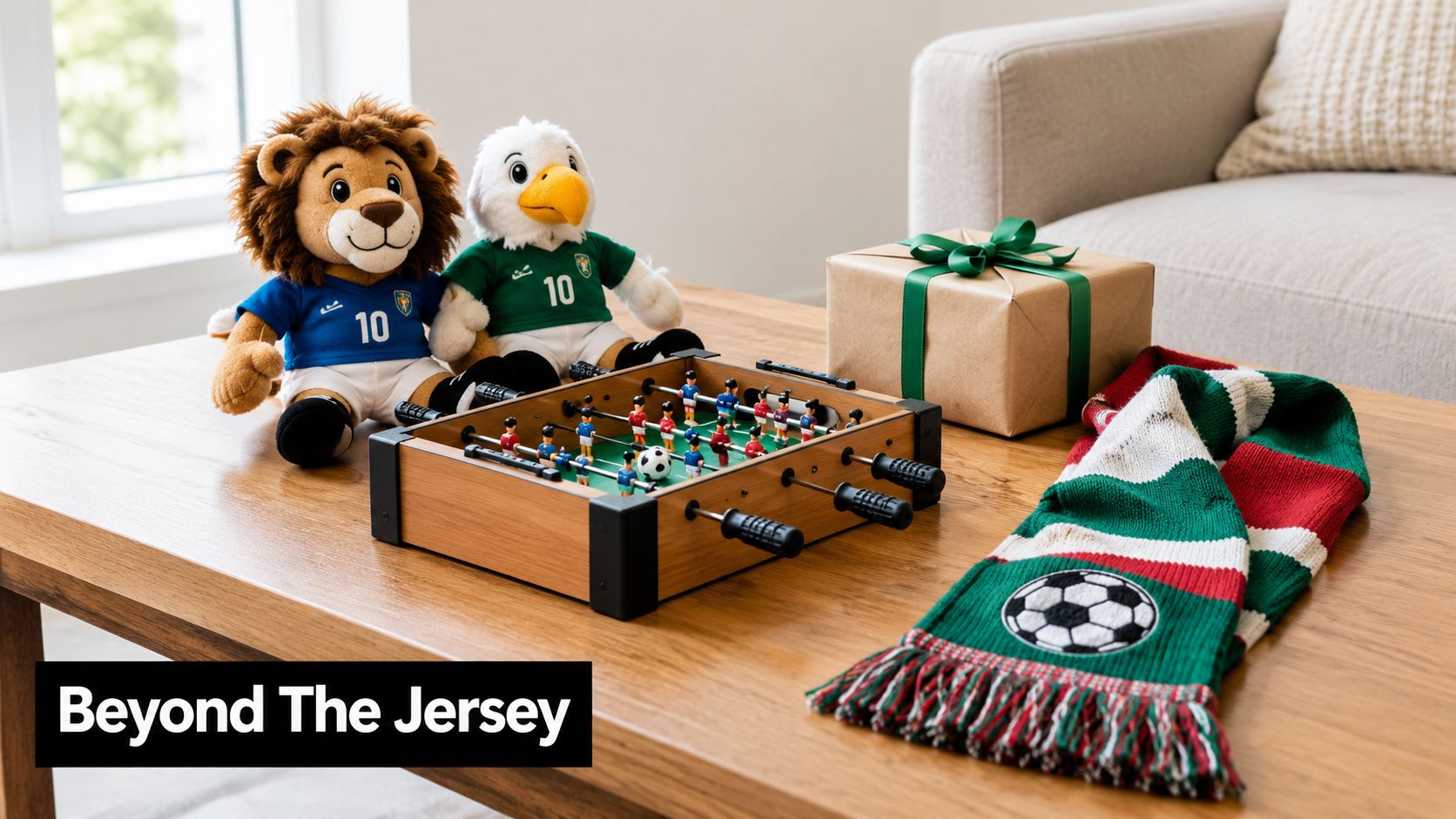 A wooden foosball table, two stuffed animal mascots, and a soccer scarf on a wooden table.