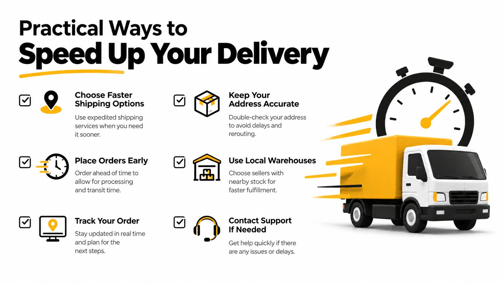 A delivery infographic providing six practical tips to speed up your international express shipping and order fulfillment.