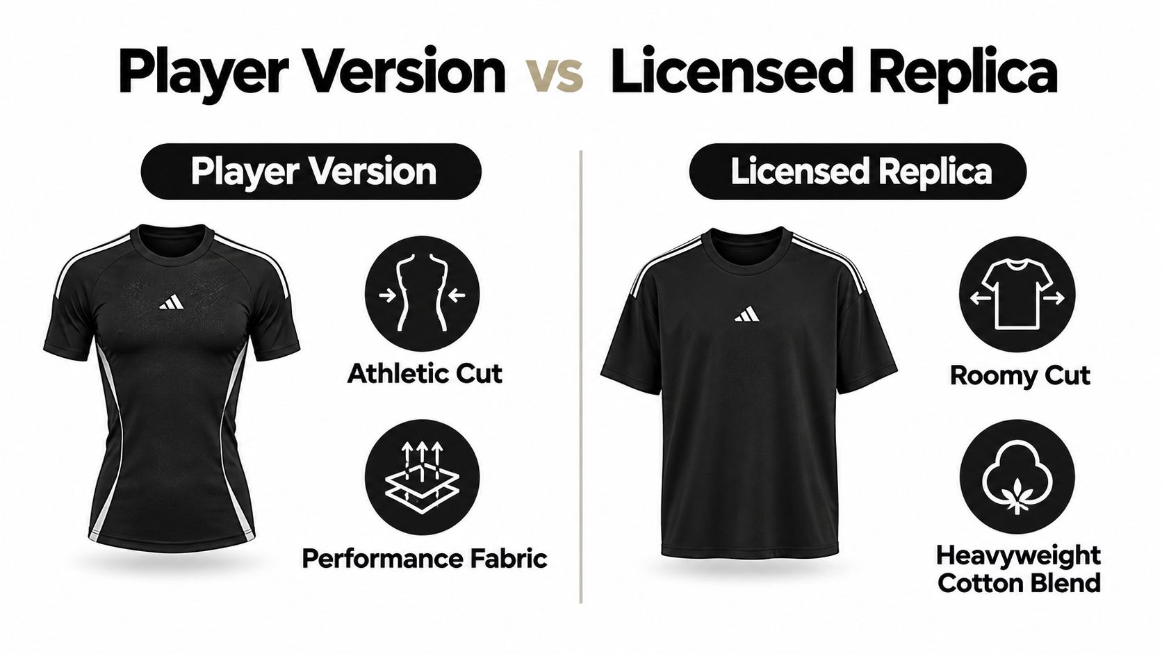 A comparison graphic showing the differences between Adidas player version jerseys and licensed replica football jerseys.