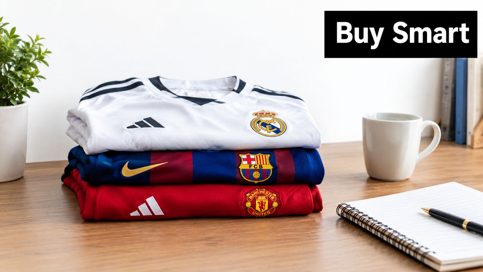 A stack of folded football jerseys on a wooden desk with a notebook and coffee mug.