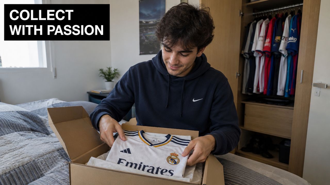 A young man sitting on his bed happily opening a box containing a white soccer jersey.