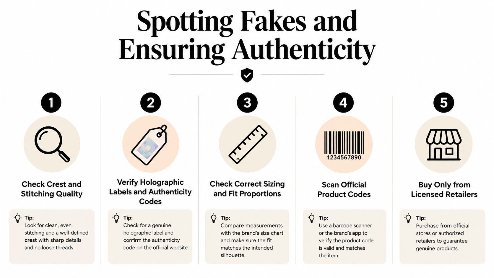 A five-step guide illustration showing how to identify authentic football merchandise and spot counterfeit replica kits.