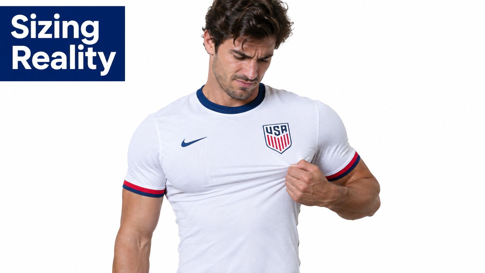 A muscular man demonstrating a tight 3XL USA soccer jersey, pulling the fabric to show fit.