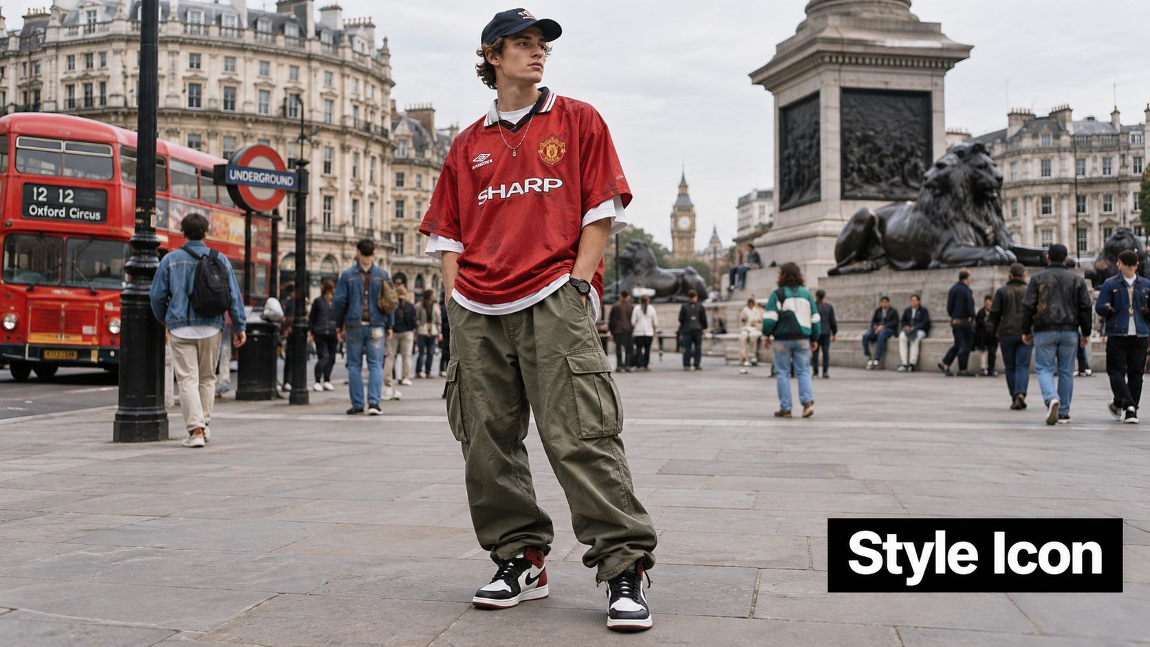 A stylish young man wearing a retro Manchester United football jersey and cargo pants in London.