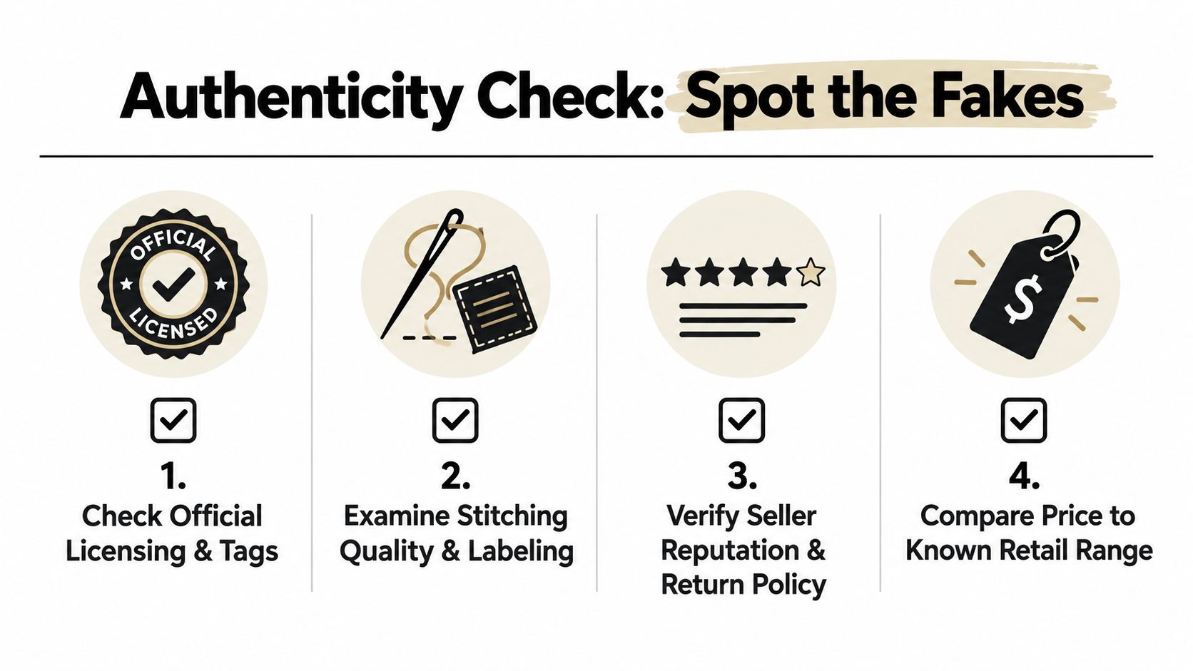 An infographic titled Authenticity Check with four tips for identifying counterfeit merchandise and fake products.