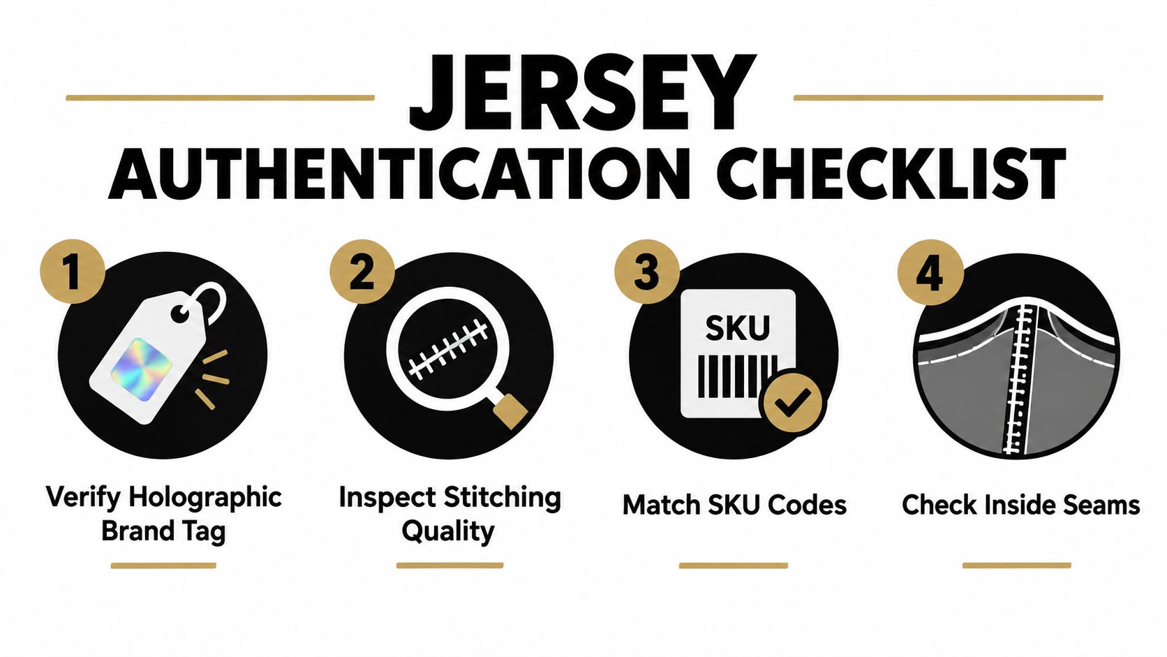 A four-step Jersey Authentication Checklist infographic showing how to verify football jerseys for authenticity.