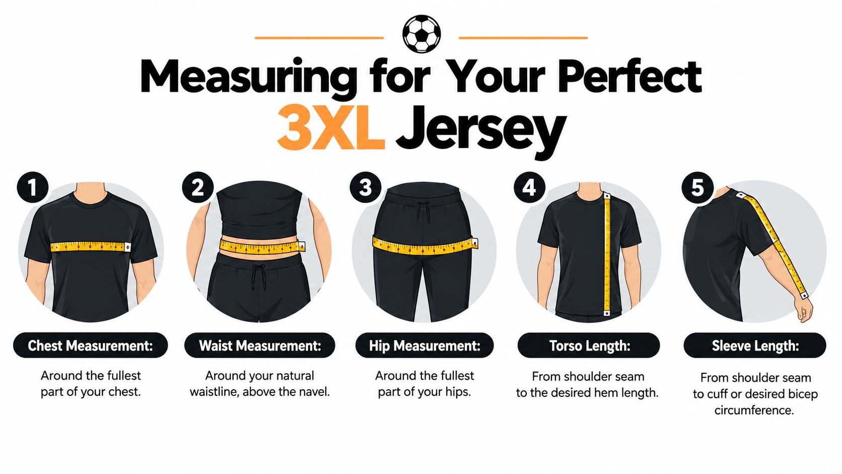 An infographic illustrating five step-by-step instructions for measuring your body correctly to fit a 3XL jersey.