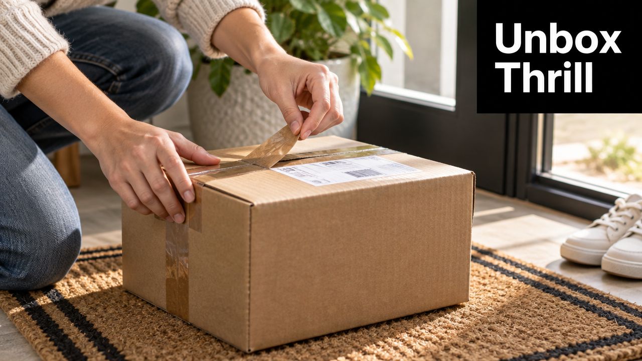 A person kneeling on a rug, opening a cardboard box with shipping tape on the floor.