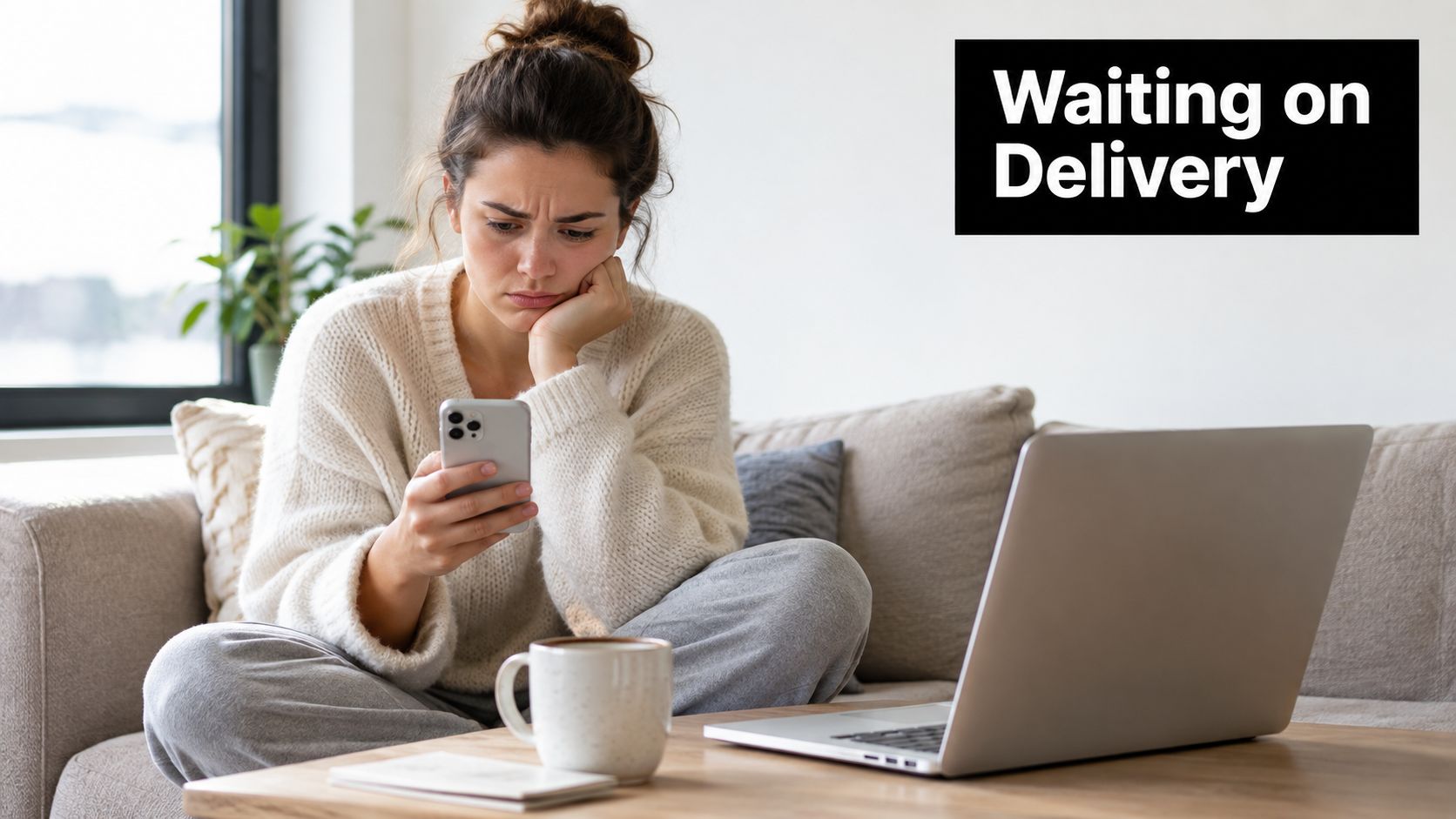 A concerned woman sitting on a couch checking her smartphone while waiting for a late delivery package.
