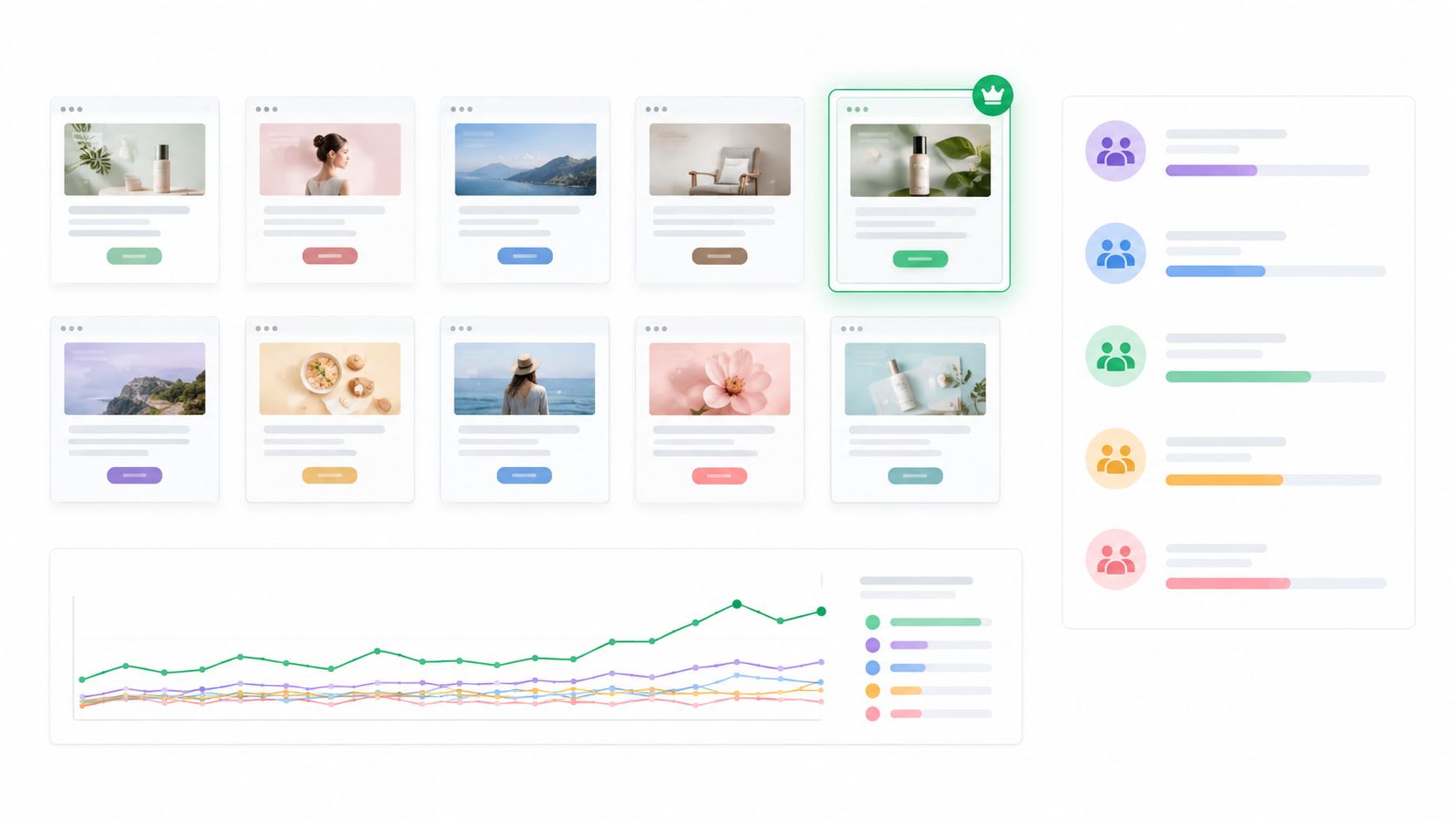 A data dashboard displaying analytics cards, a list of audience groups, and a line chart of trends.