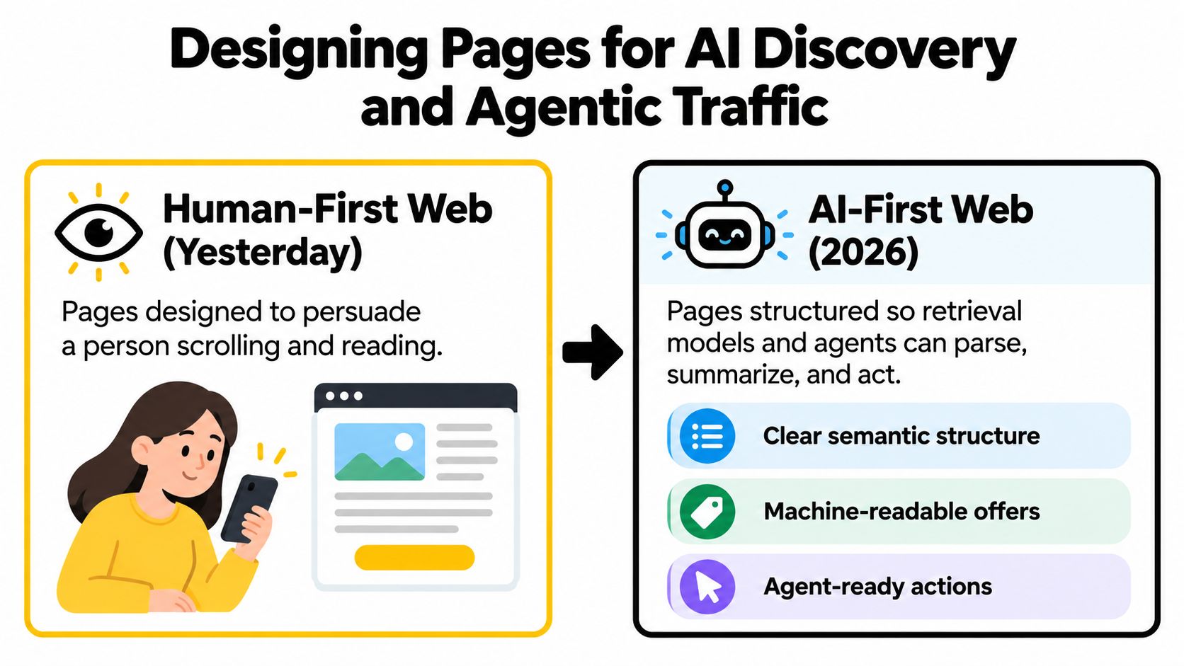 A diagram comparing human-first web design of the past with future AI-first web design standards.