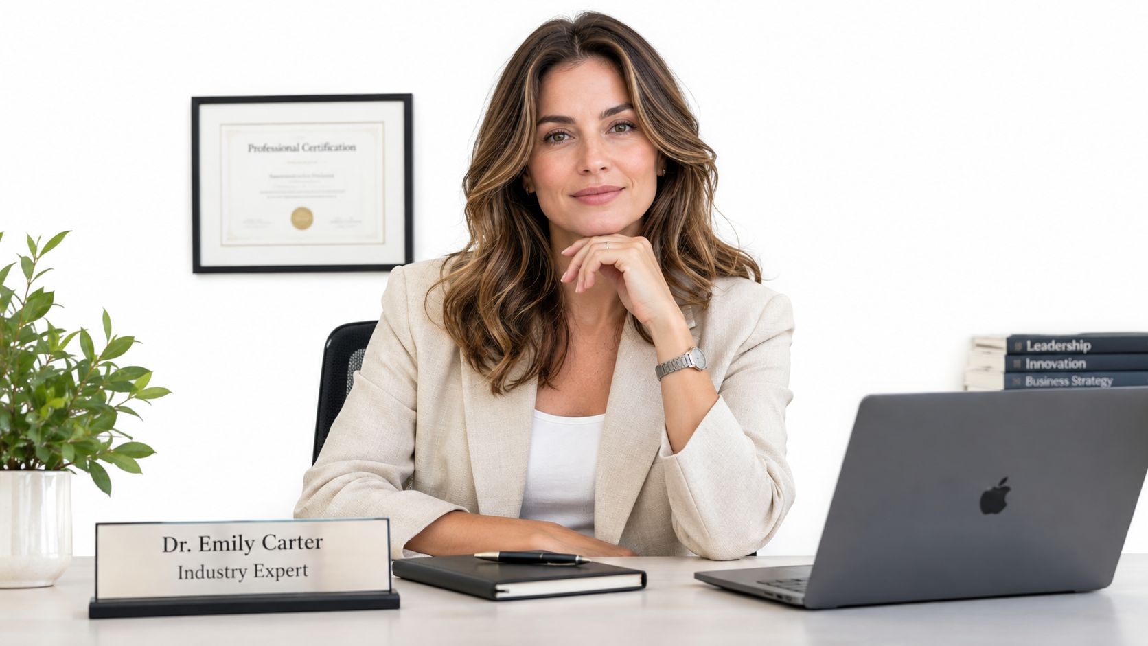 A professional woman, Dr. Emily Carter, sitting at a desk with a laptop and professional books.