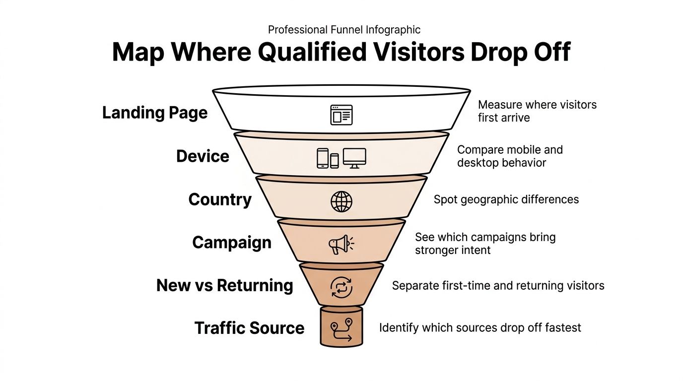 A professional funnel infographic illustrating stages to map where qualified visitors drop off during a conversion process.
