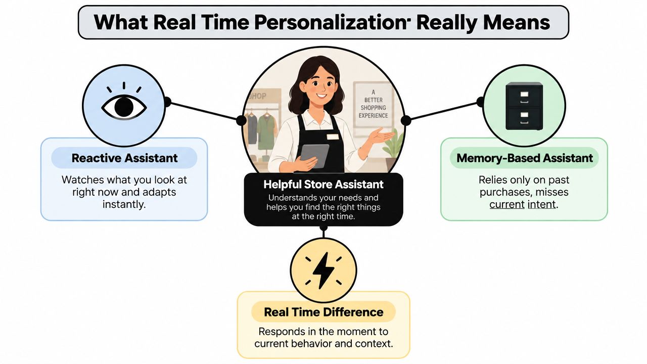 A diagram explaining real time personalization by comparing a reactive assistant, memory-based assistant, and store assistant.