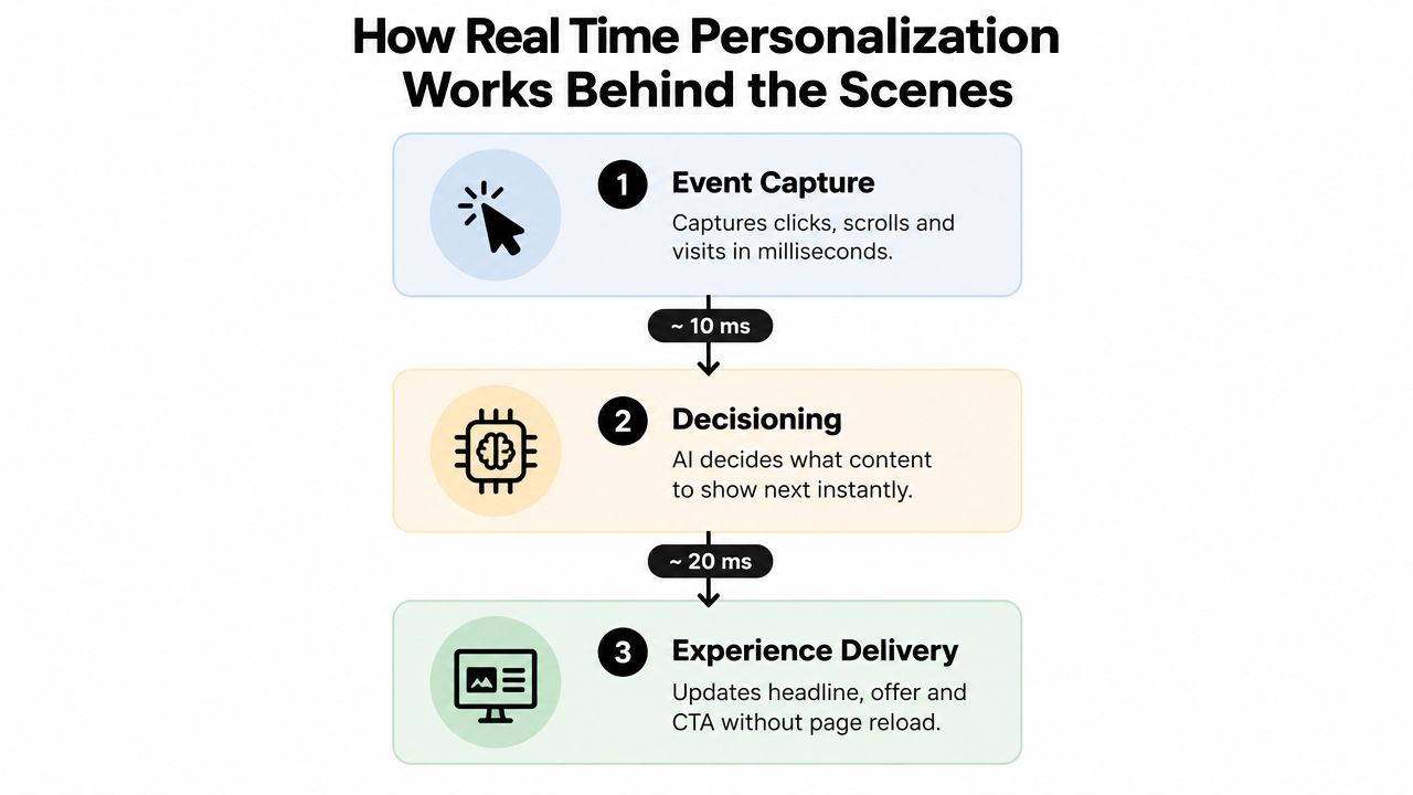 A flowchart showing the three steps of real-time personalization: event capture, AI-driven decisioning, and experience delivery.