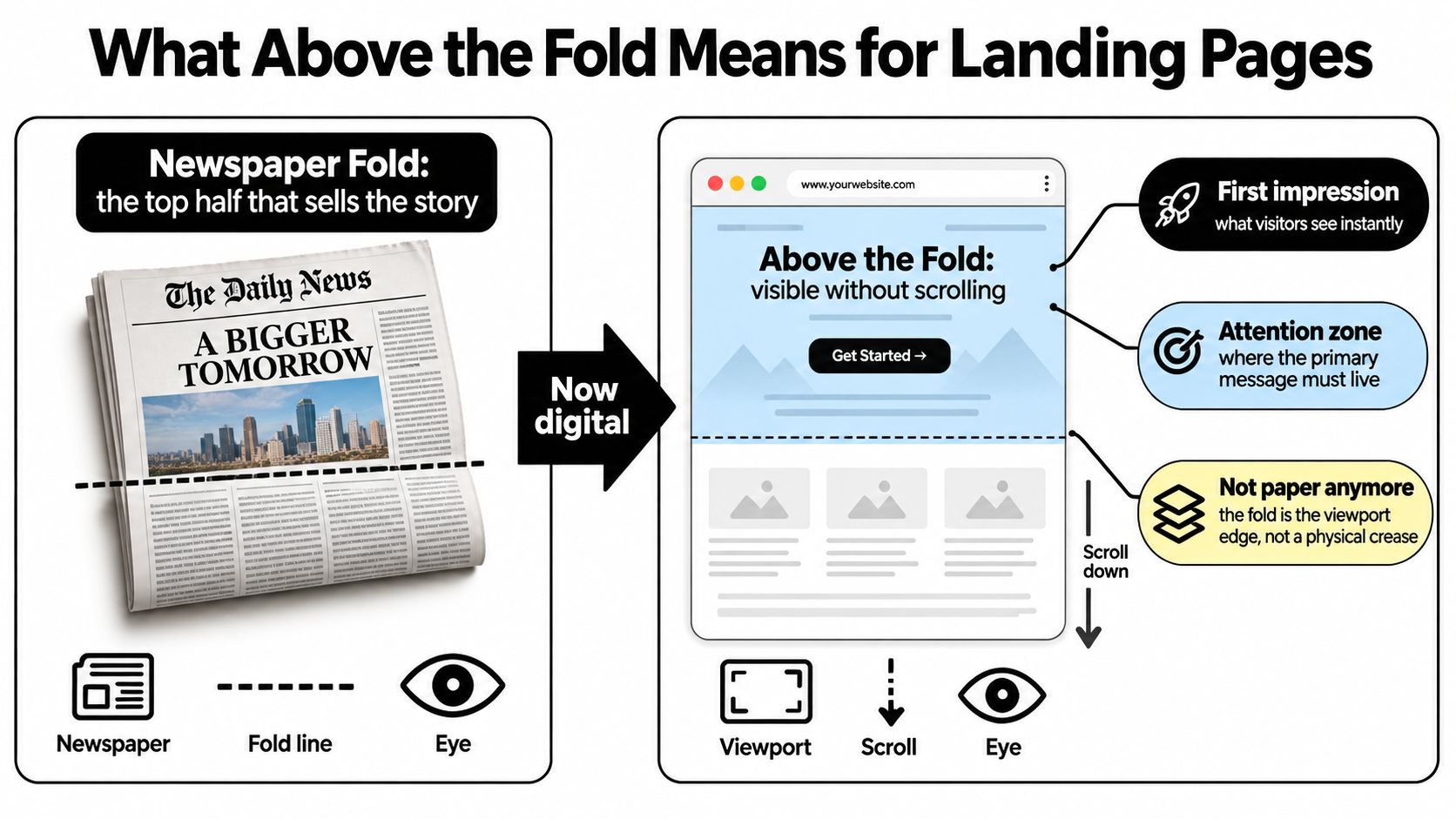 An infographic comparing the concept of a newspaper fold to the above the fold area on websites.