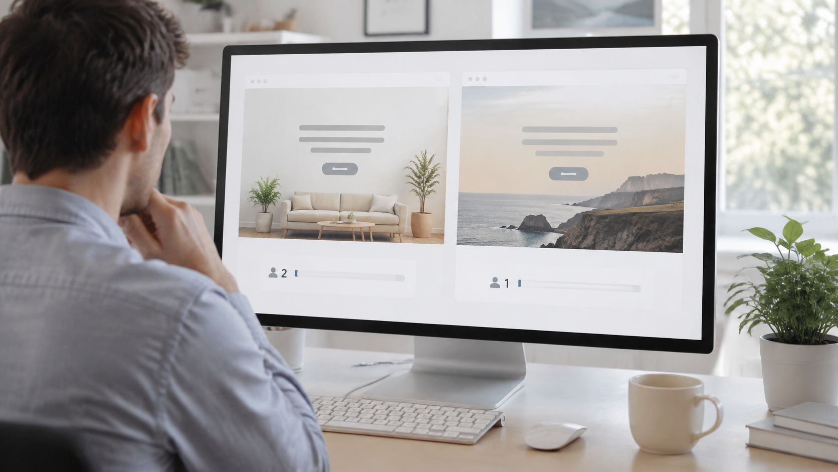 A person viewing two design layouts on a large desktop monitor in a bright home office.