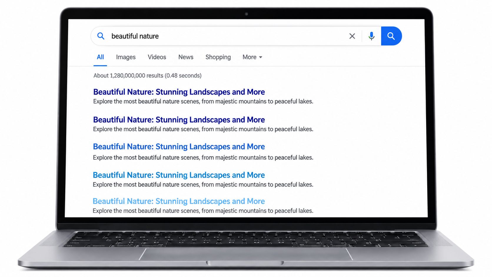A laptop screen displaying a Google search results page with multiple variations of a website search result title.