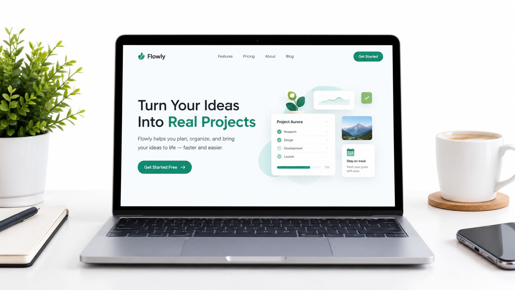 A modern laptop displaying the Flowly project management software website on a clean, professional white desk workspace.