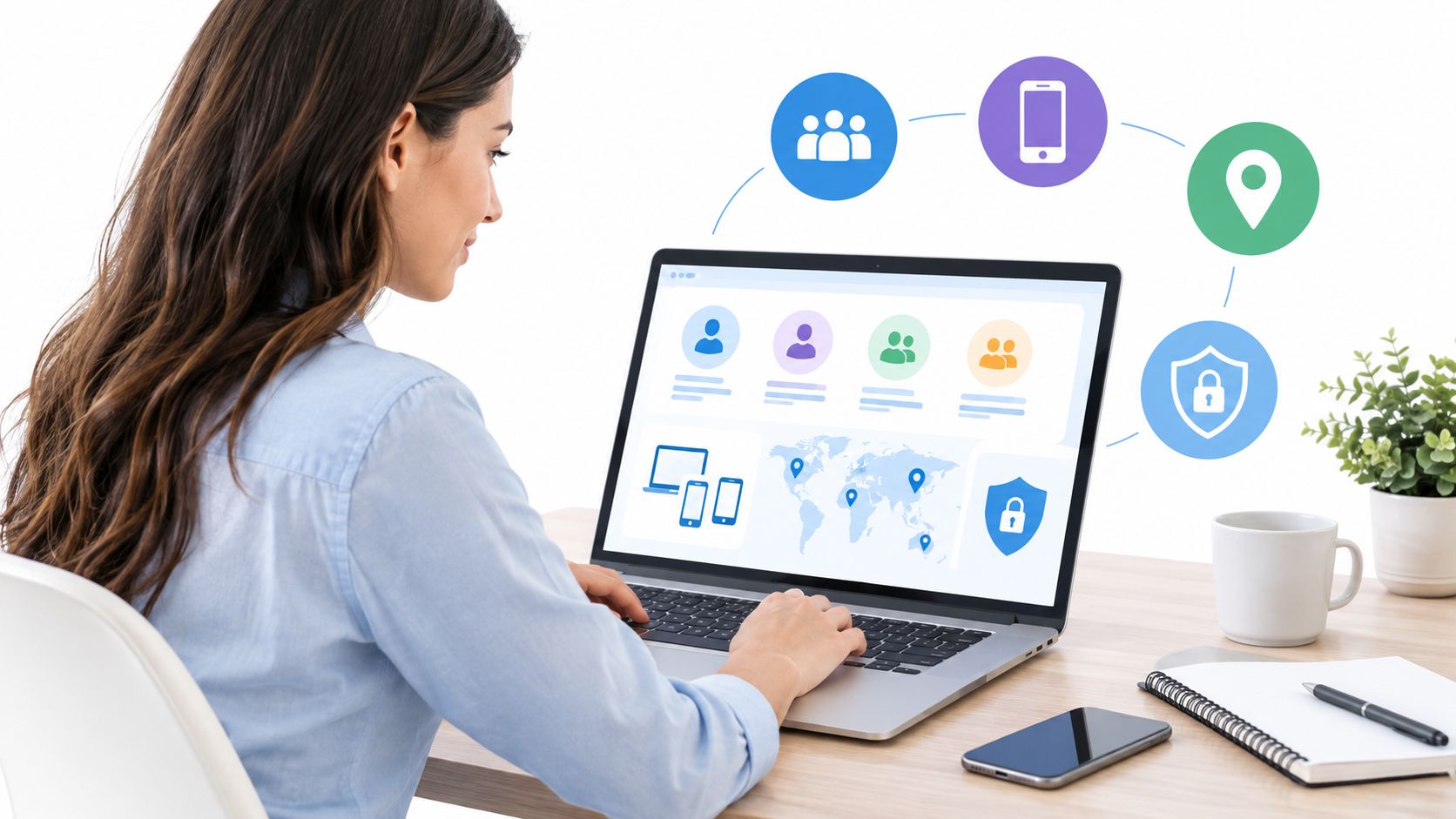 A woman working on a laptop displaying data analytics software with digital icons floating above the screen.