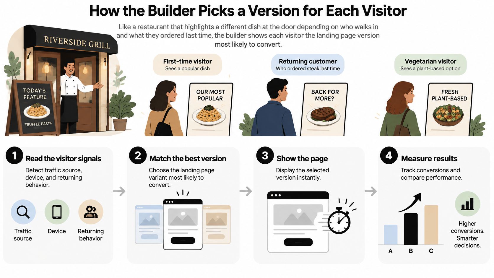 A diagram illustrating how an AI landing page builder personalizes website content for different types of visitors.