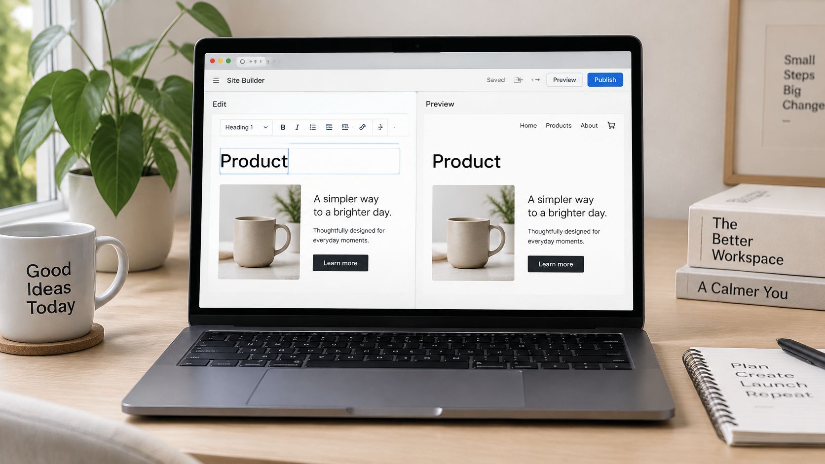 A laptop screen displaying a WYSIWYG website builder tool with an editor view and a live preview.