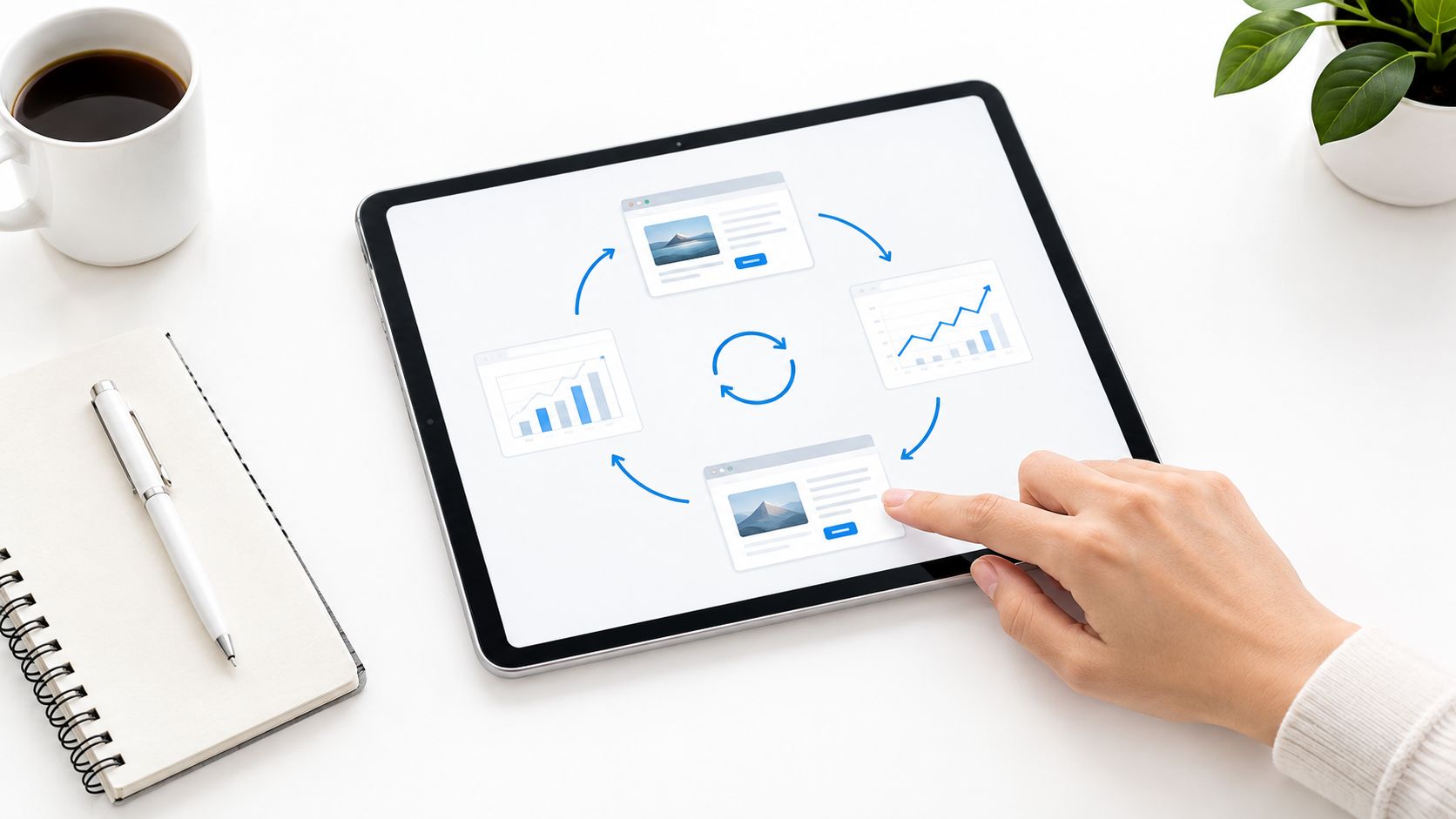 A hand interacting with a tablet screen displaying a cyclical business process diagram with web interfaces.